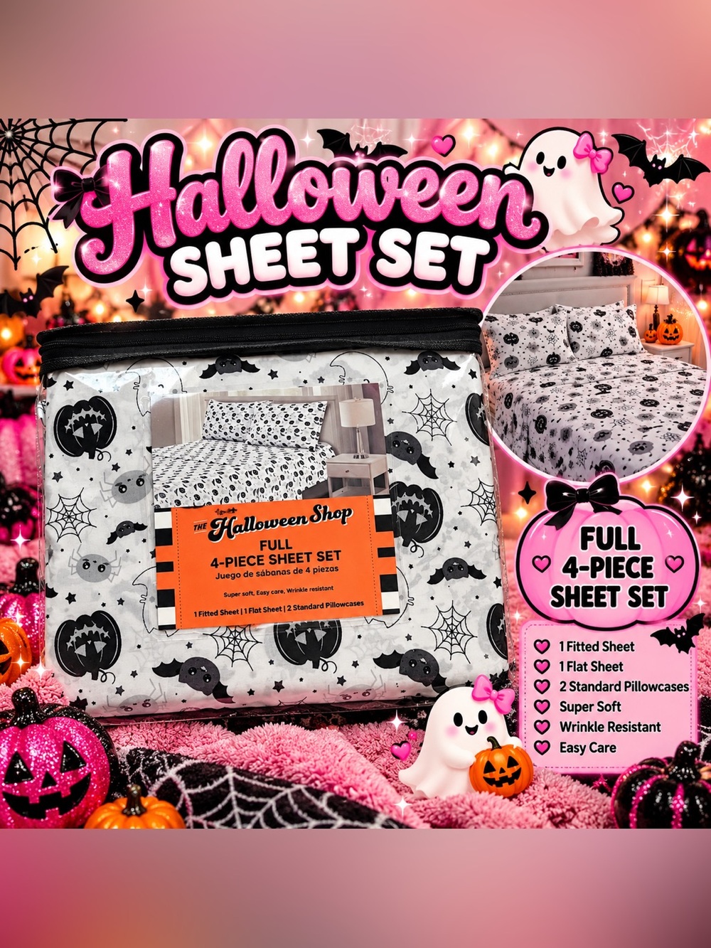 Full 4-Piece Sheet Set - White with Black Halloween Print